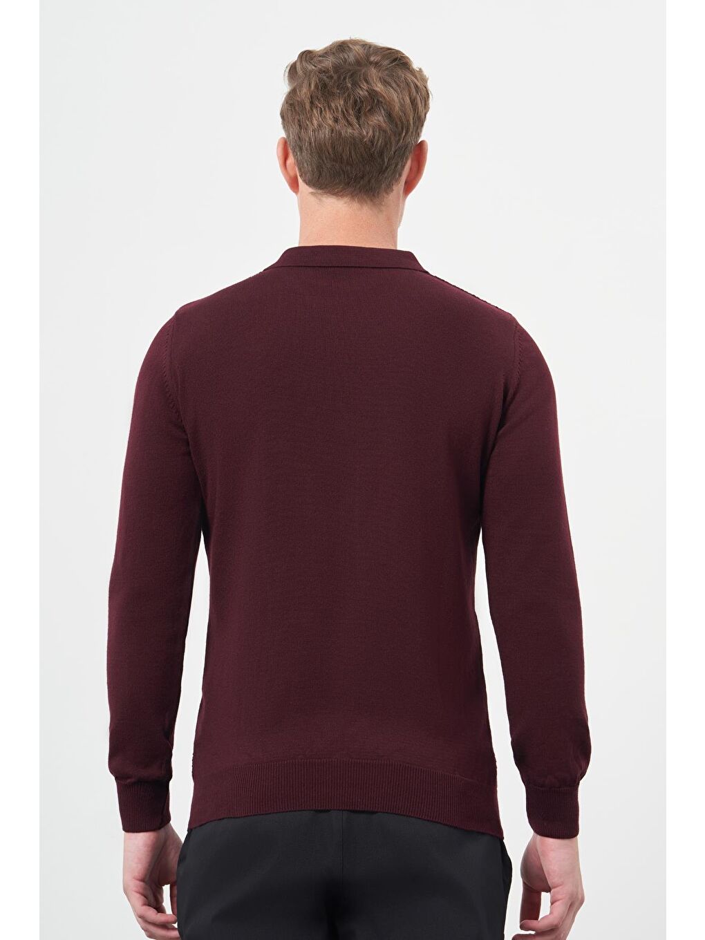 Bordo Uzun Kol Kendinden Desenli Örme Polo Yaka Classic Comfort Fit Triko 1012245156-4