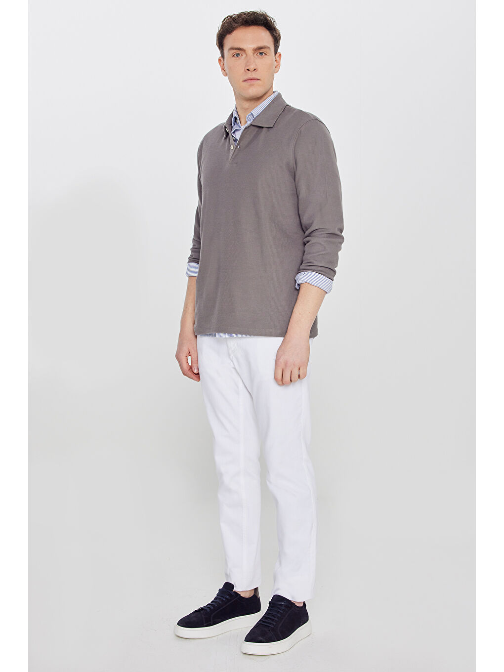 Bej Erkek Vizon %100 Pamuk Slim Fit Dar Kesim Polo Yaka Jakarlı Triko Tişört-1