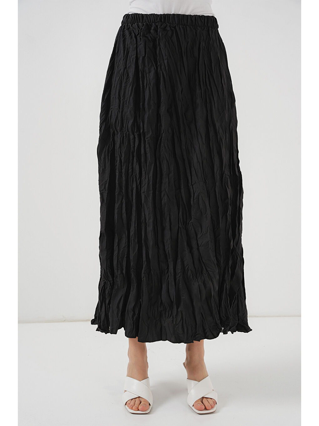 Kadın Uzun Kırışık Etek 8042 - Siyah-1
