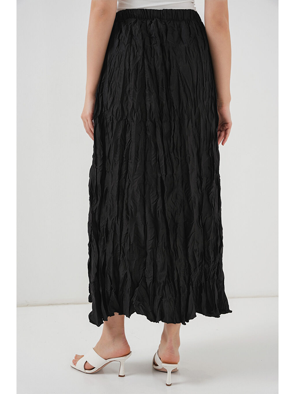 Kadın Uzun Kırışık Etek 8042 - Siyah-5