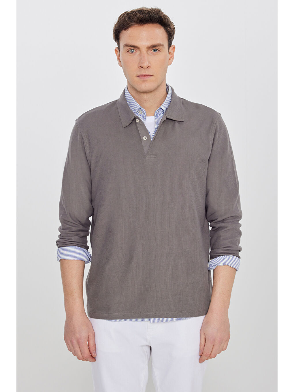 Bej Erkek Vizon %100 Pamuk Slim Fit Dar Kesim Polo Yaka Jakarlı Triko Tişört-2