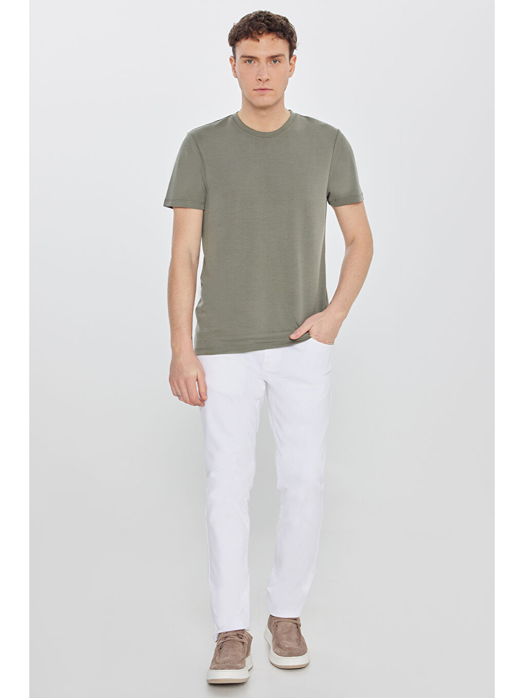 Erkek Haki Yumuşak Dokulu Slim Fit Dar Kesim Bisiklet Yaka Tişört-1