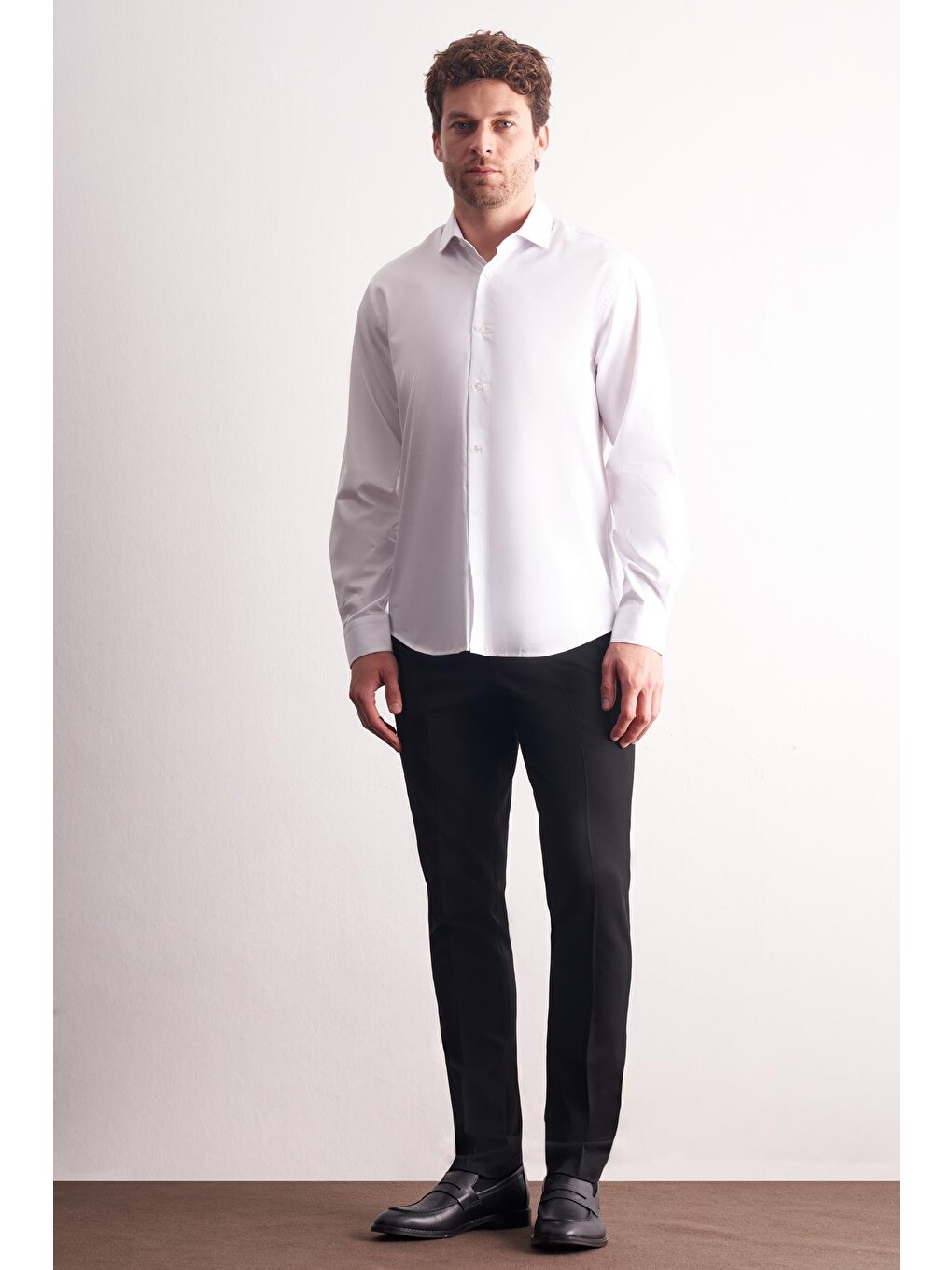 Beyaz Yarım İtalyan Yaka Saten Uzun Kol Premium Slim Fit %100 Pamuk Gömlek 1004255195-4