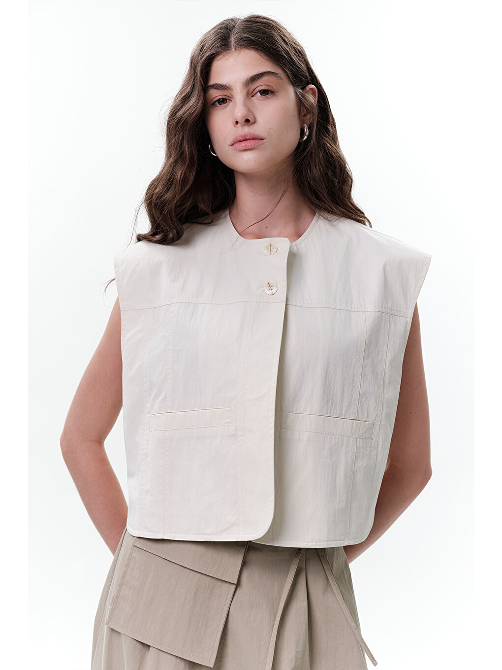 Bej Cep Detaylı Kısa Yelek Taş-2