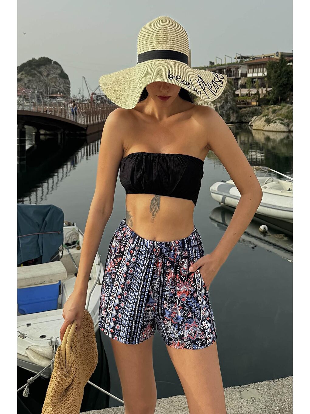 For You Beachwear Kırmızı-Mavi Desenli Bustiyer Şort Kırmızı-Mavi Takım - 3