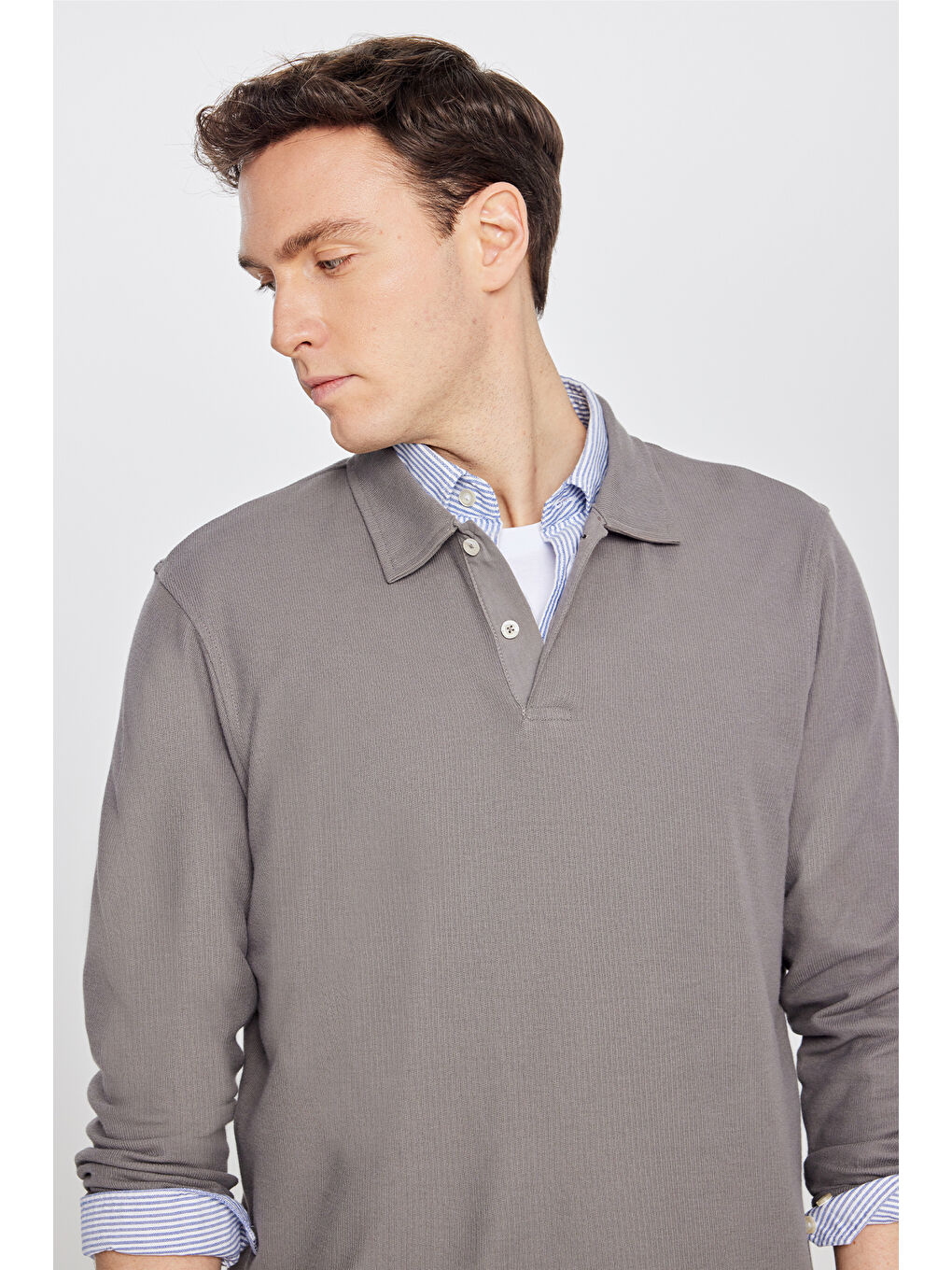 Bej Erkek Vizon %100 Pamuk Slim Fit Dar Kesim Polo Yaka Jakarlı Triko Tişört-3