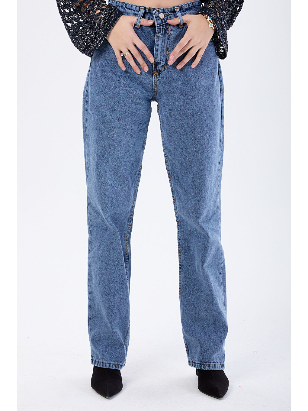 Mavi Yüksek Bel Palazzo Jean Pantolon Koyu mavi Kar   23666-1