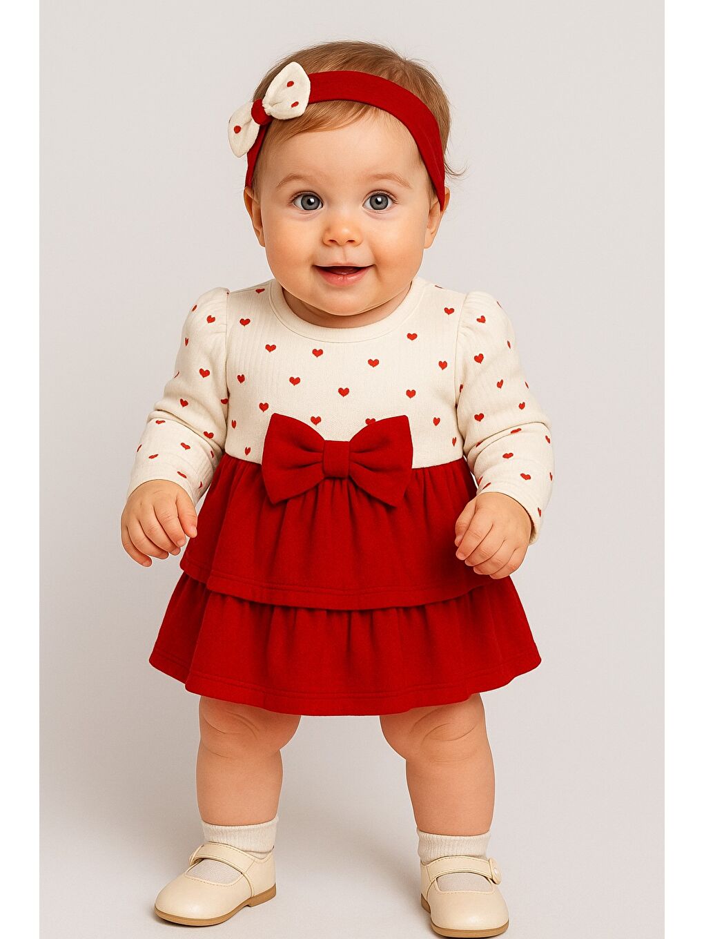 Kırmızı Kız Bebek Kalp Desenli Fiyonklu Pamuklu Elbise