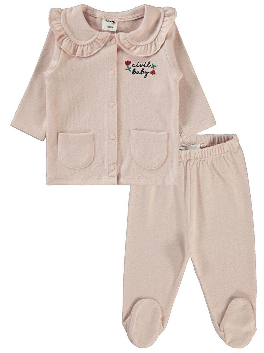 Pembe Baby Çiçek Nakışlı 1-6 Ay Pijama Takımı-1