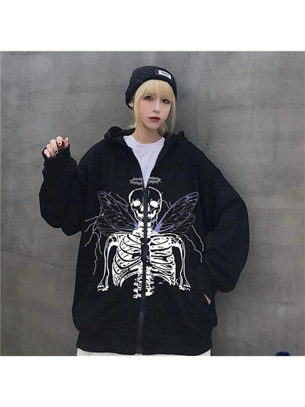 Touz Moda Siyah Harajuku Angel Skeleton Fermuarlı Kapşonlu Kalın Hırka - 3