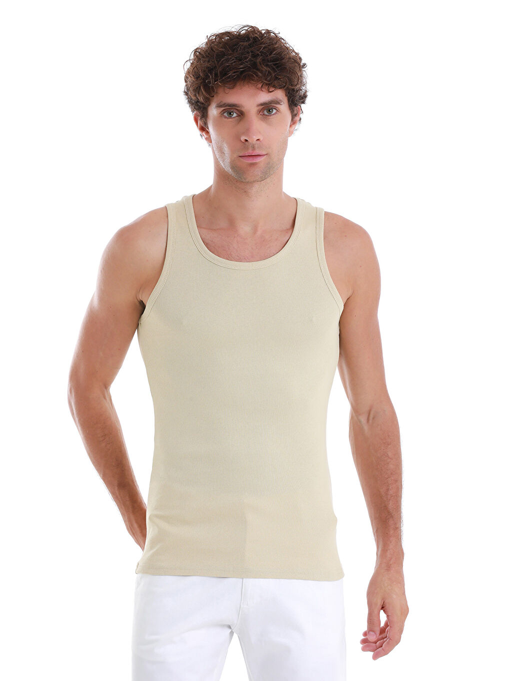 Bej Vizon Regular Fit Düz Pamuklu Örme Kolsuz Tişört