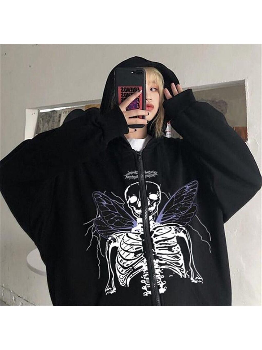 Touz Moda Siyah Harajuku Angel Skeleton Fermuarlı Kapşonlu Kalın Hırka - 4