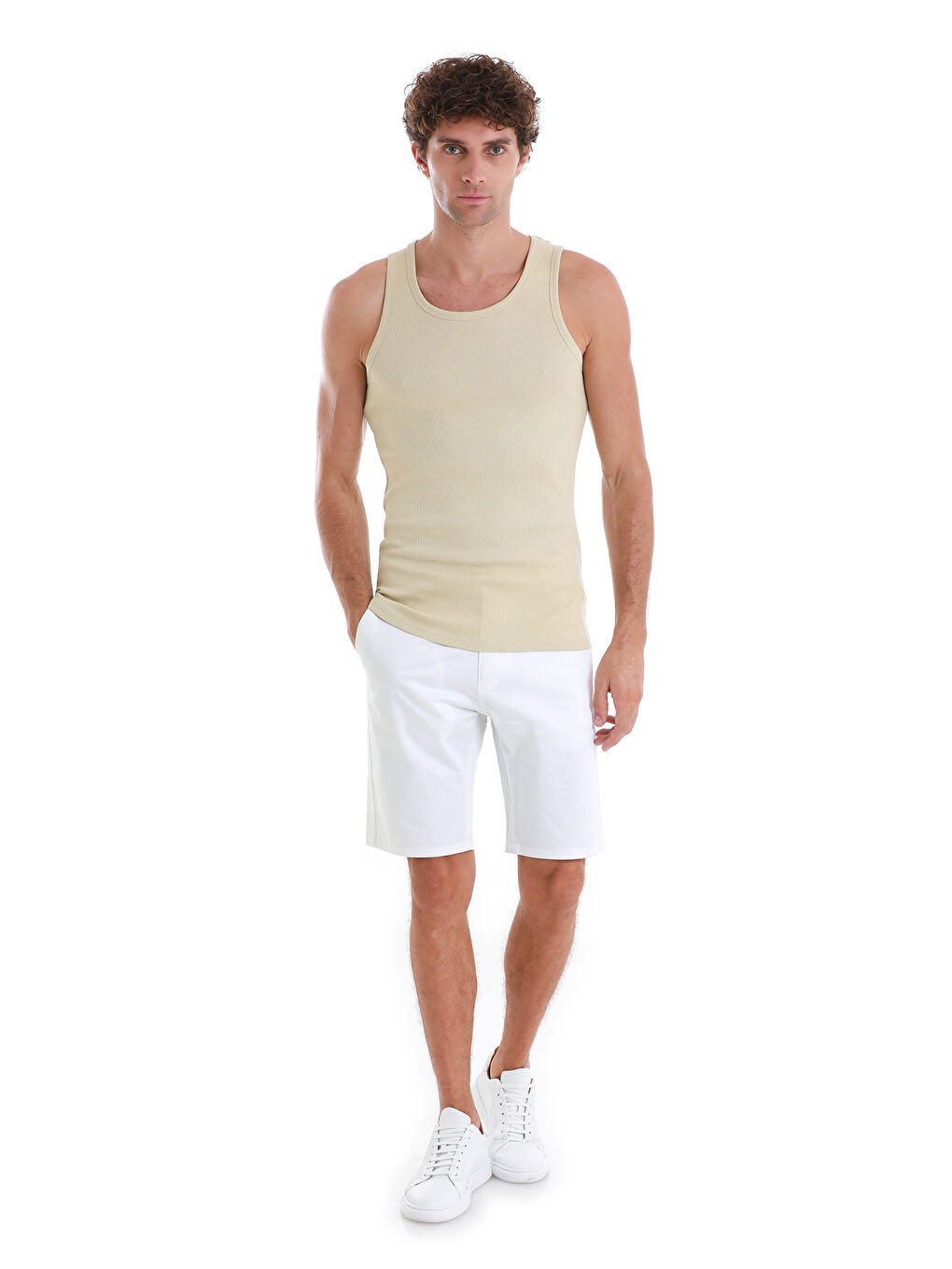 Bej Vizon Regular Fit Düz Pamuklu Örme Kolsuz Tişört-1