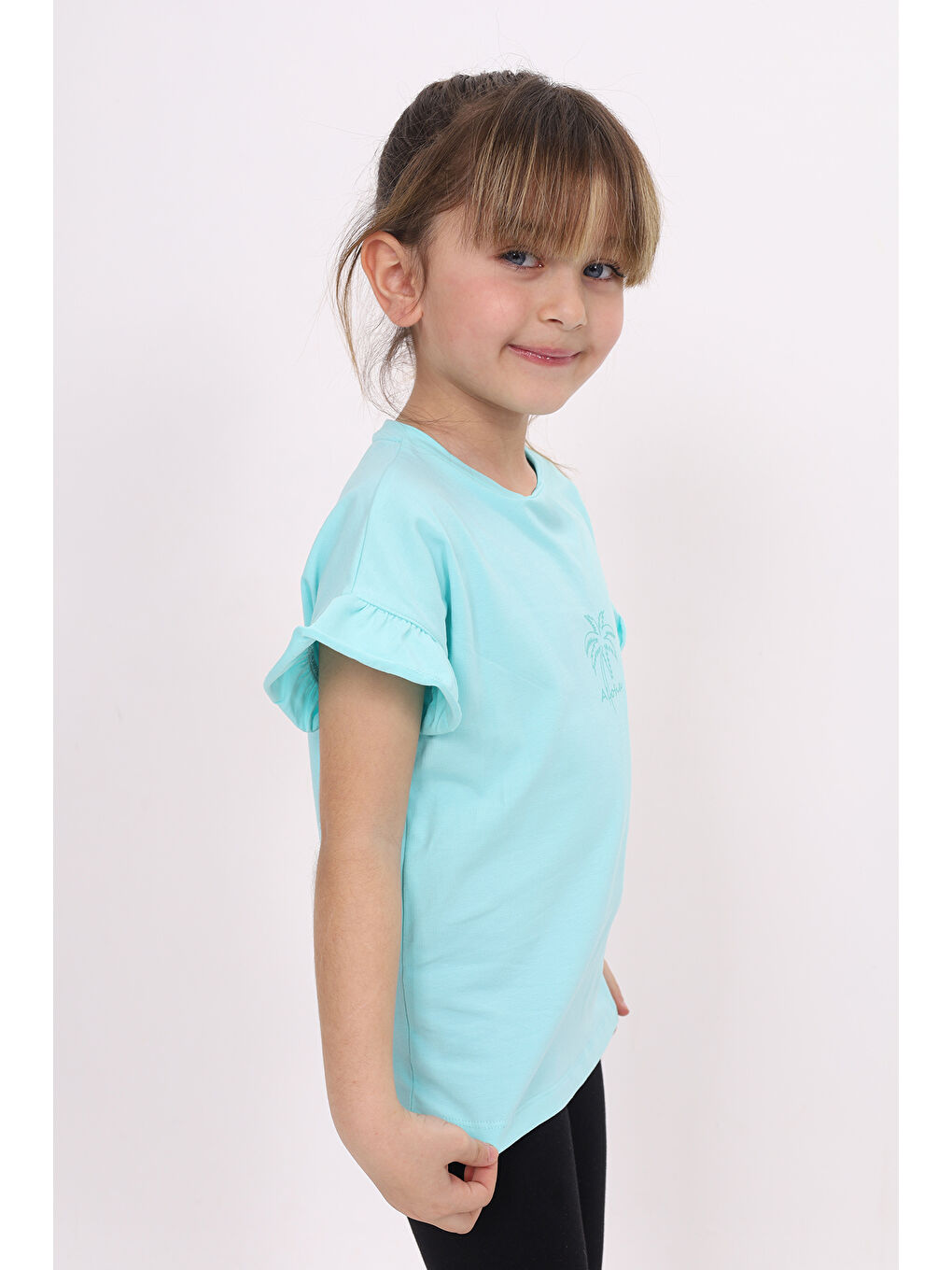 Turkuaz Kız Çocuk Baskılı Tişört-1