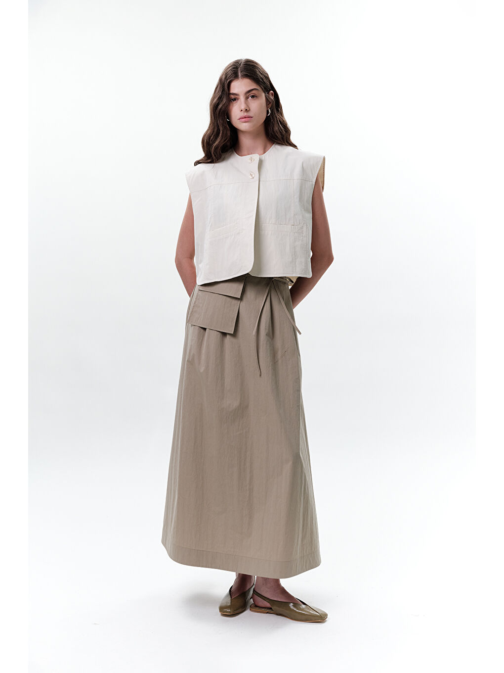 Bej Cep Detaylı Kısa Yelek Taş-4