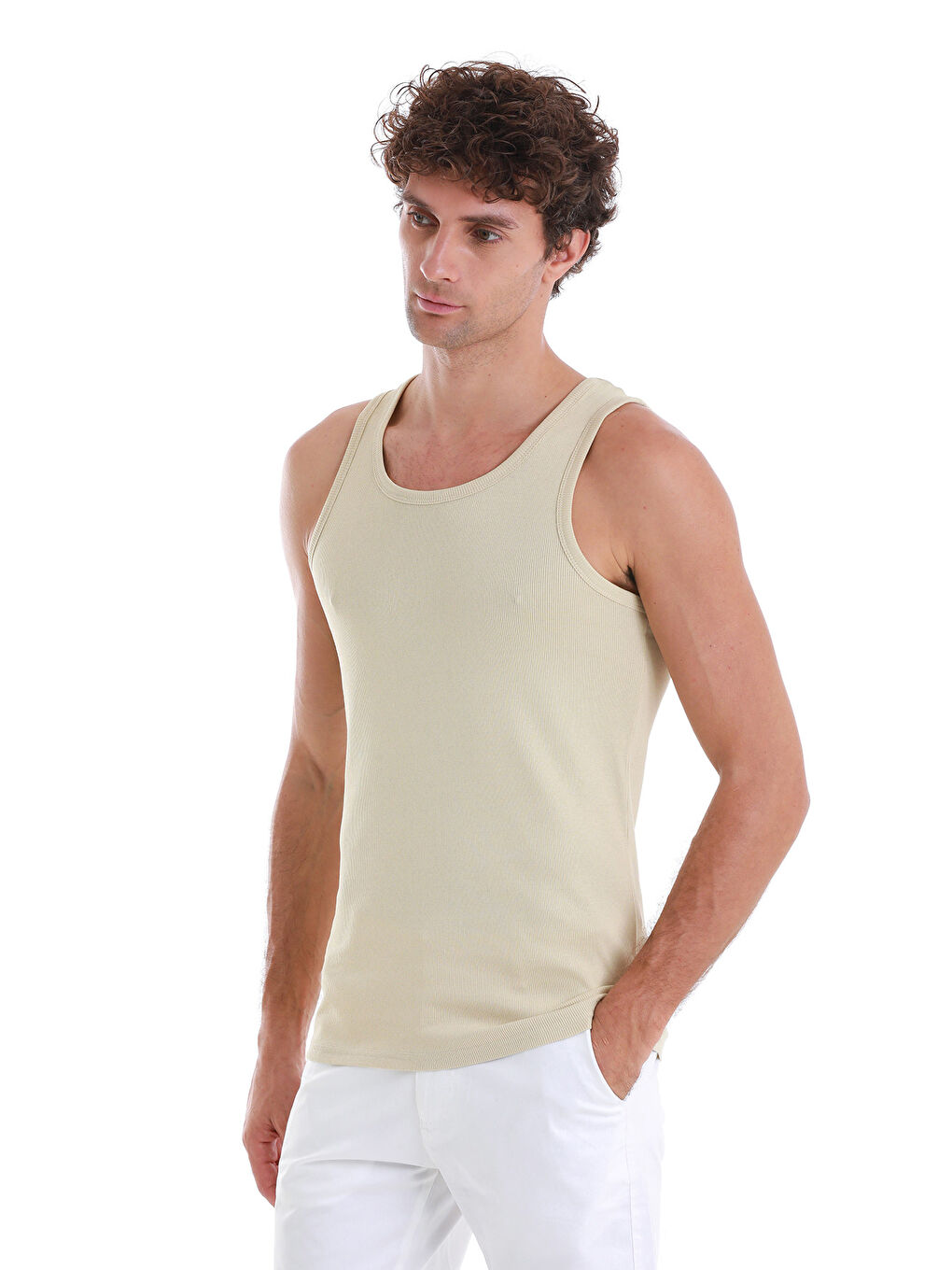 Bej Vizon Regular Fit Düz Pamuklu Örme Kolsuz Tişört-2