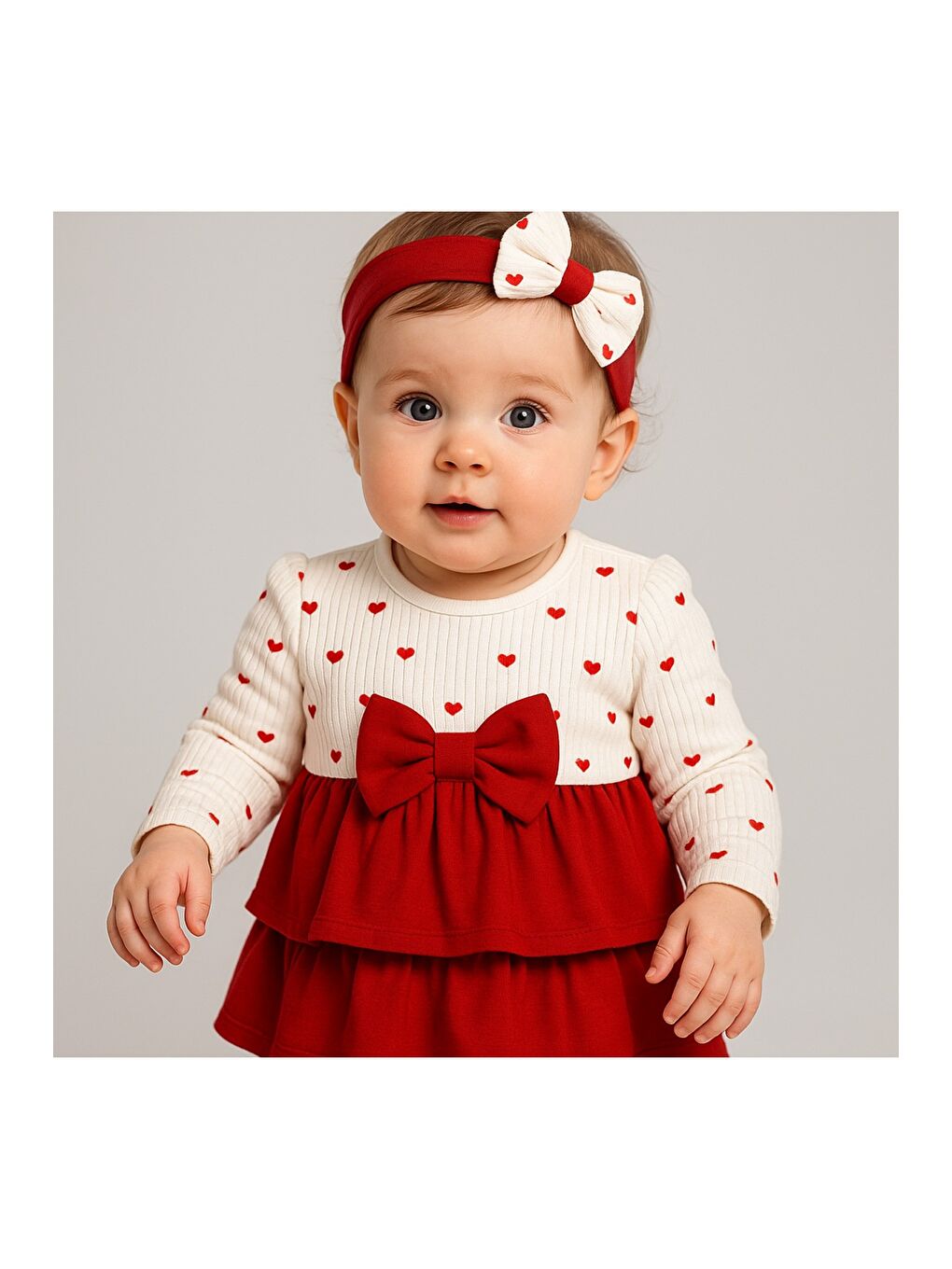 Kırmızı Kız Bebek Kalp Desenli Fiyonklu Pamuklu Elbise-1