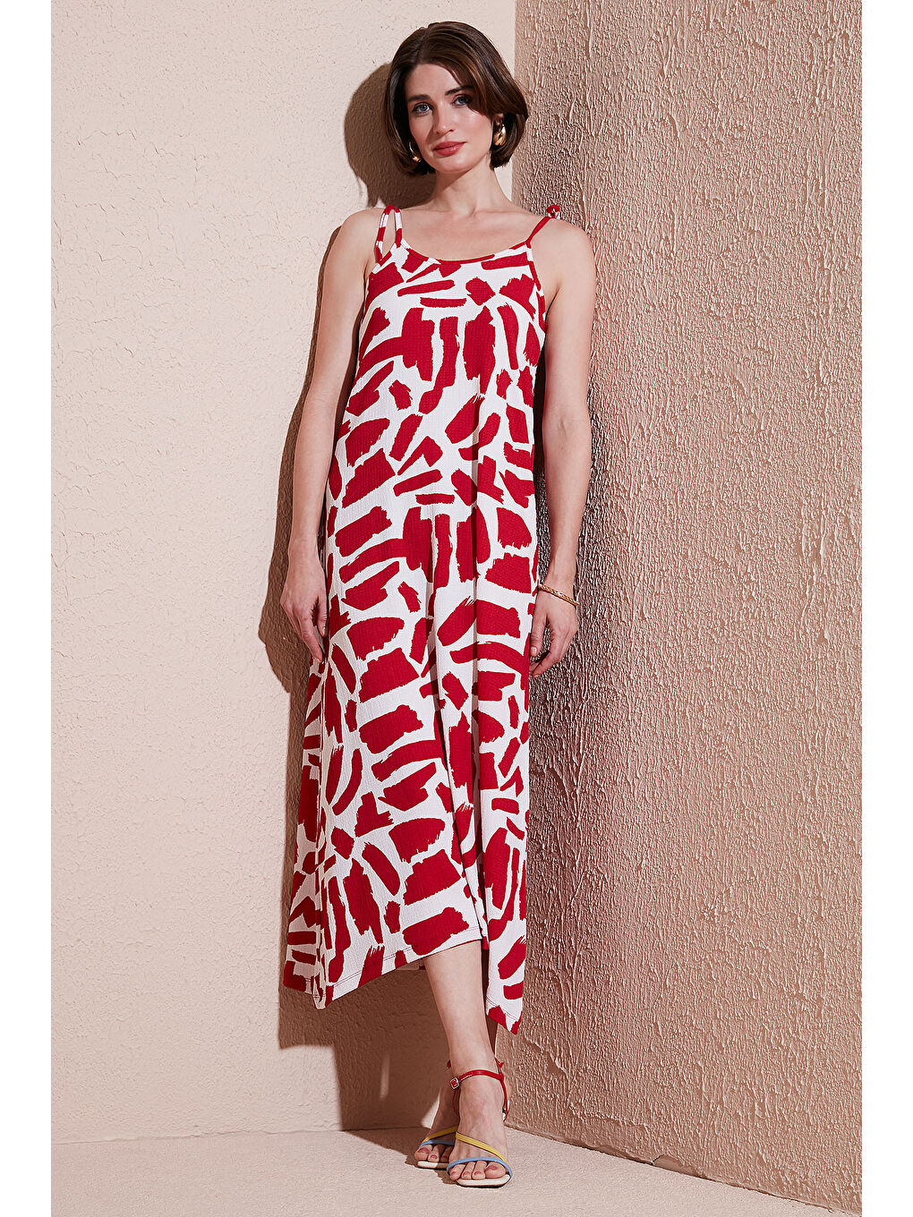 Bordo Desenli Midi Boy Oversize Fit Bağlamalı İp Askılı Bisiklet Yaka Elbise 5869009-1