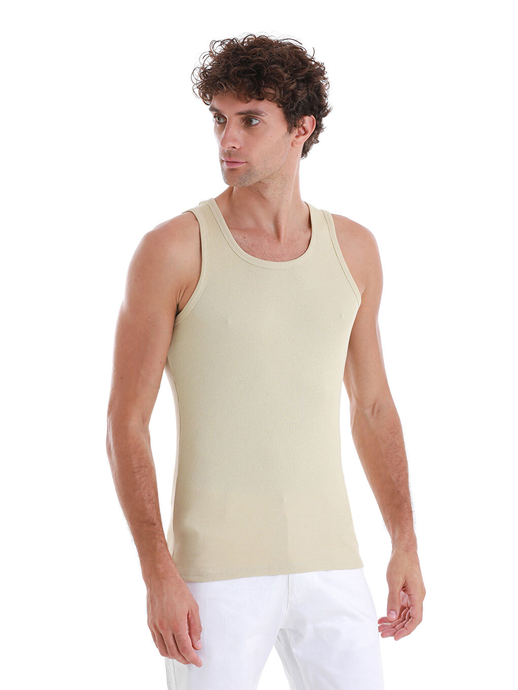 Bej Vizon Regular Fit Düz Pamuklu Örme Kolsuz Tişört-3