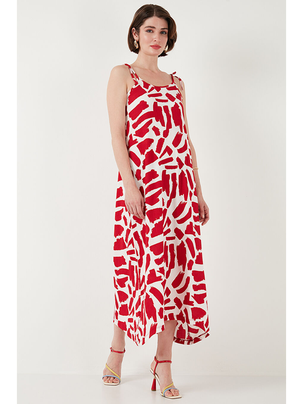 Bordo Desenli Midi Boy Oversize Fit Bağlamalı İp Askılı Bisiklet Yaka Elbise 5869009-2