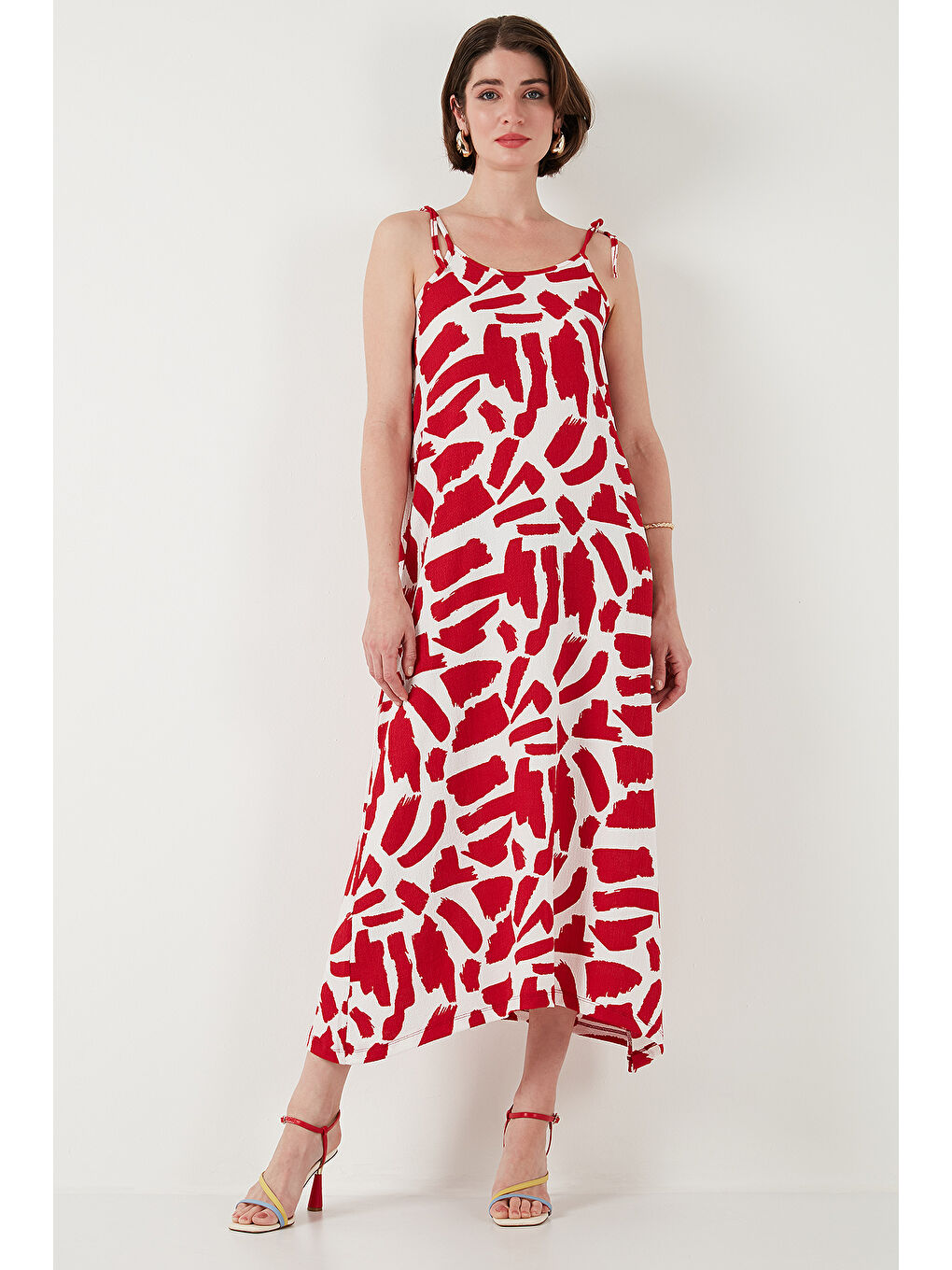 Bordo Desenli Midi Boy Oversize Fit Bağlamalı İp Askılı Bisiklet Yaka Elbise 5869009-3