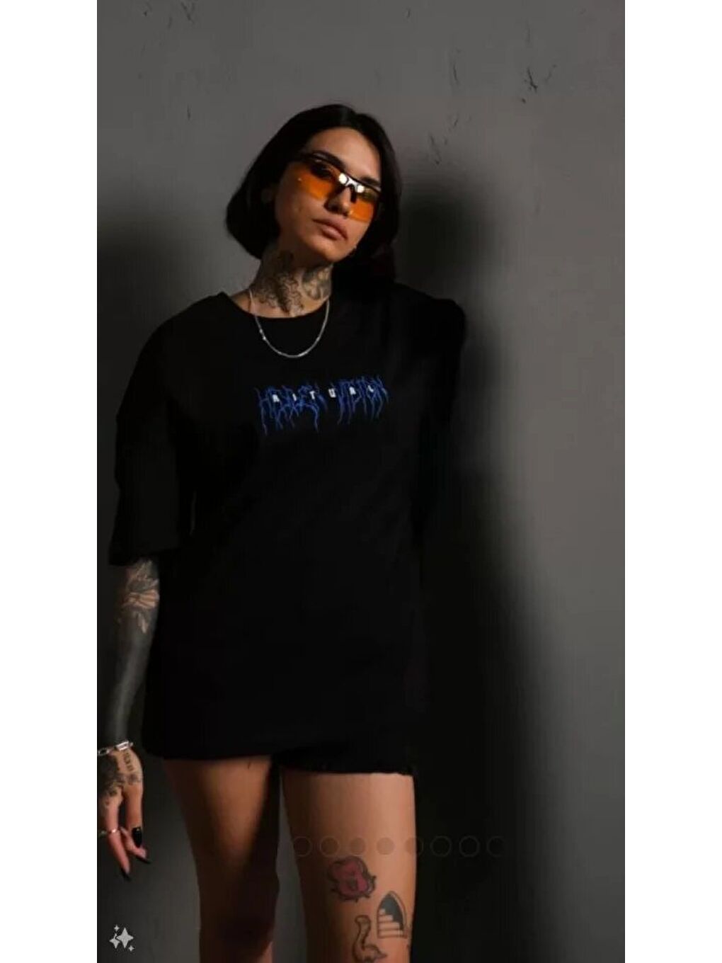 Unisex Bisiklet Yaka Baskılı Oversize T-Shirt - Siyah