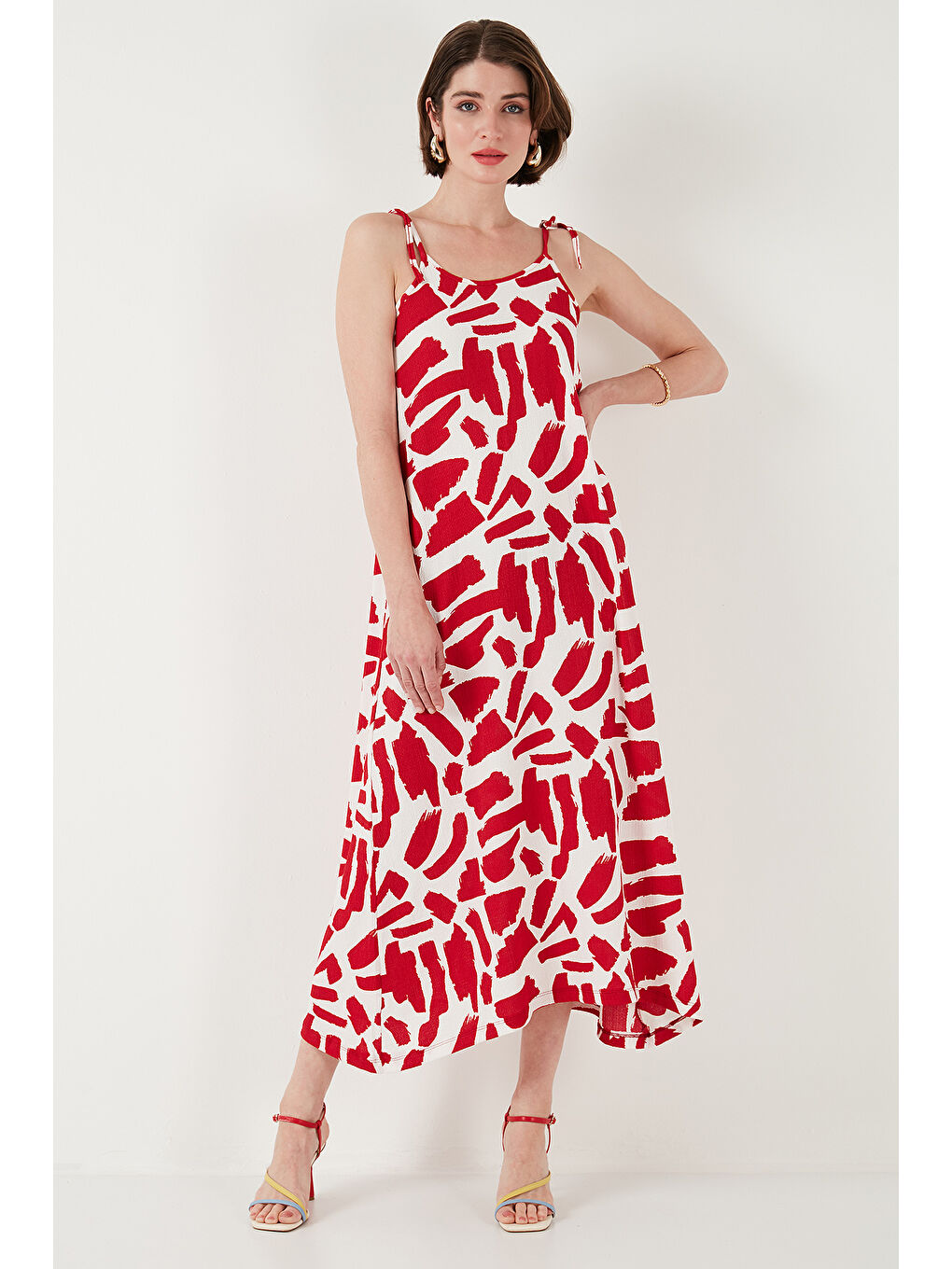 Bordo Desenli Midi Boy Oversize Fit Bağlamalı İp Askılı Bisiklet Yaka Elbise 5869009-4