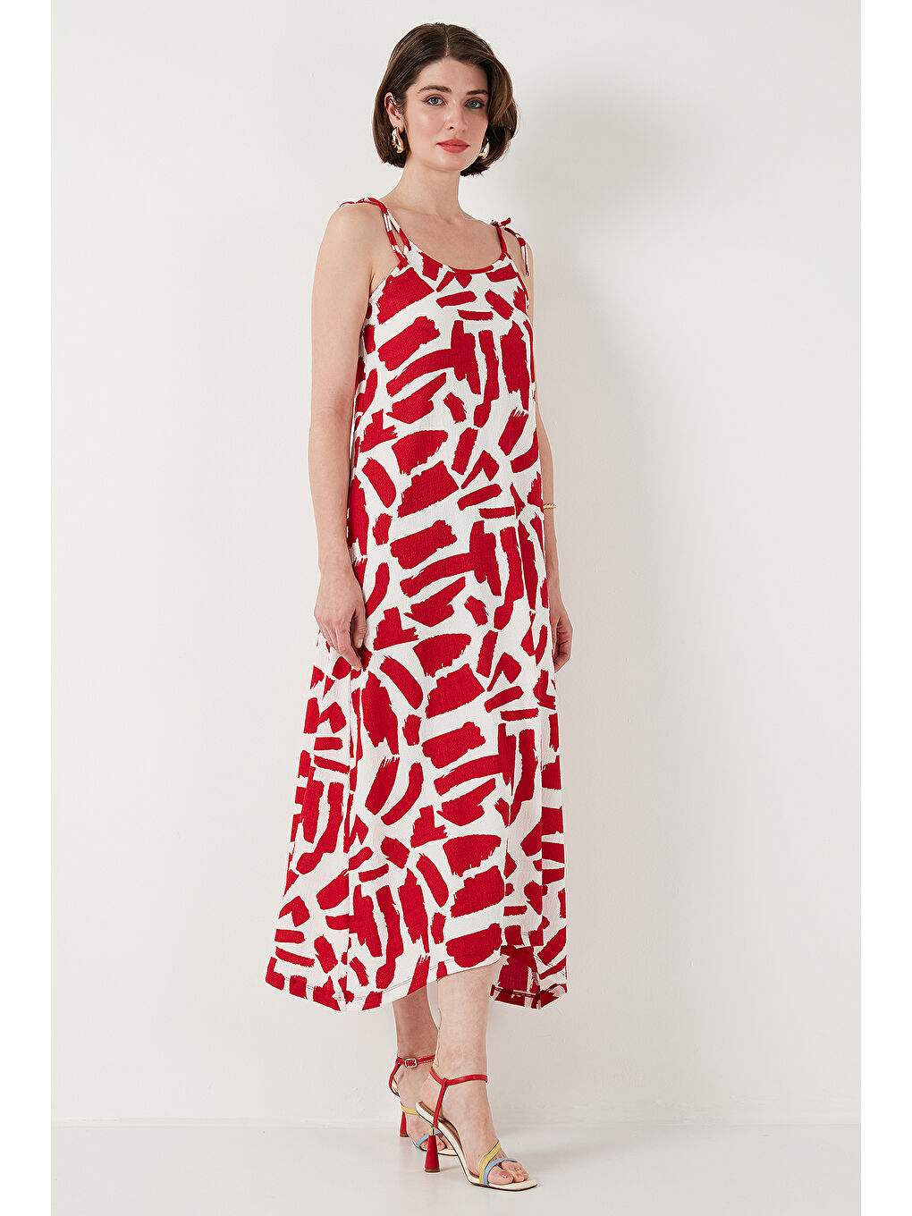 Bordo Desenli Midi Boy Oversize Fit Bağlamalı İp Askılı Bisiklet Yaka Elbise 5869009-5