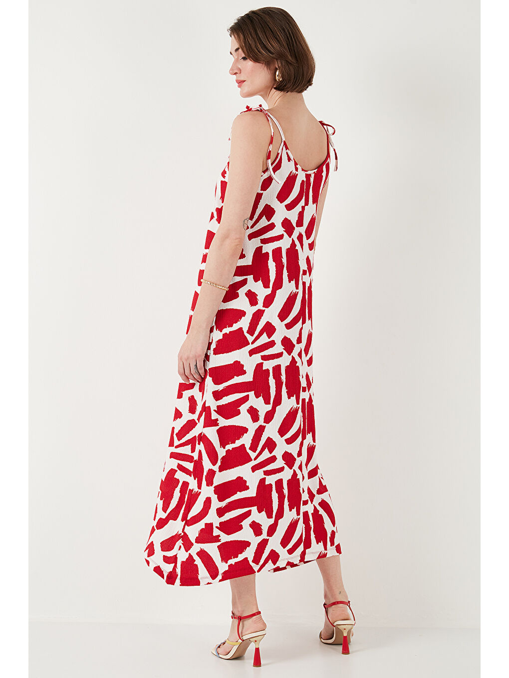 Bordo Desenli Midi Boy Oversize Fit Bağlamalı İp Askılı Bisiklet Yaka Elbise 5869009-6