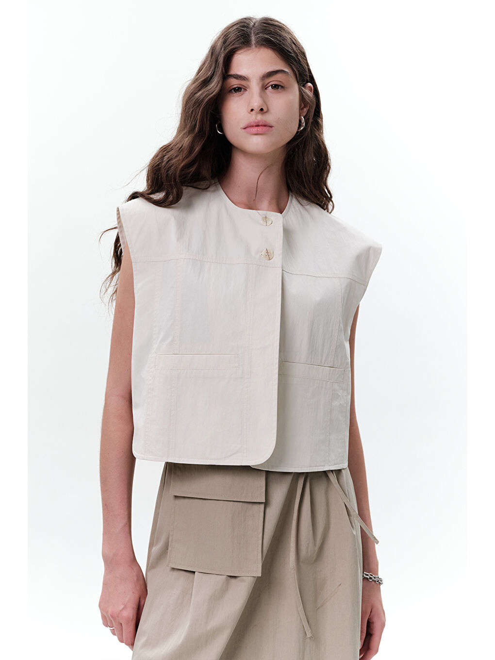 Bej Cep Detaylı Kısa Yelek Taş-5