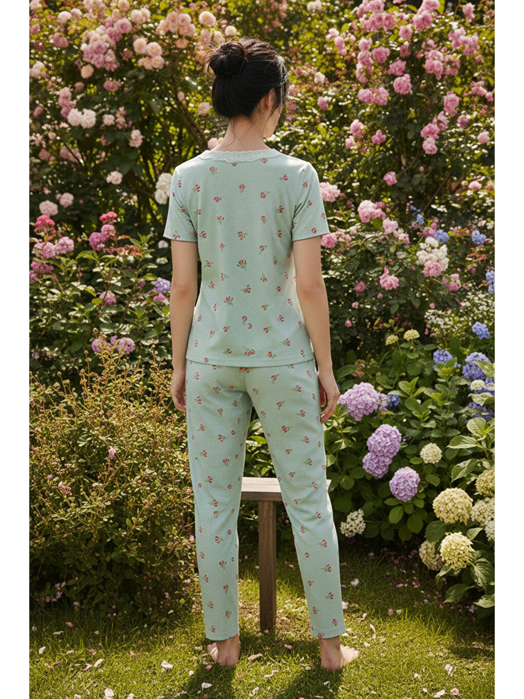Yeşil Lale Desenli Dantelli Bürümcük-krınkıl Kısa Kollu Pijama Takım 26120727-2