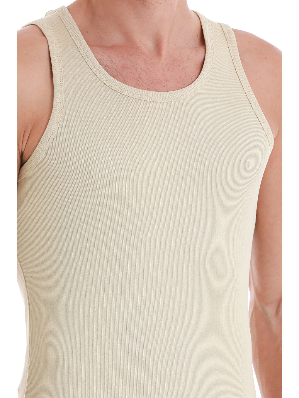 Bej Vizon Regular Fit Düz Pamuklu Örme Kolsuz Tişört-4