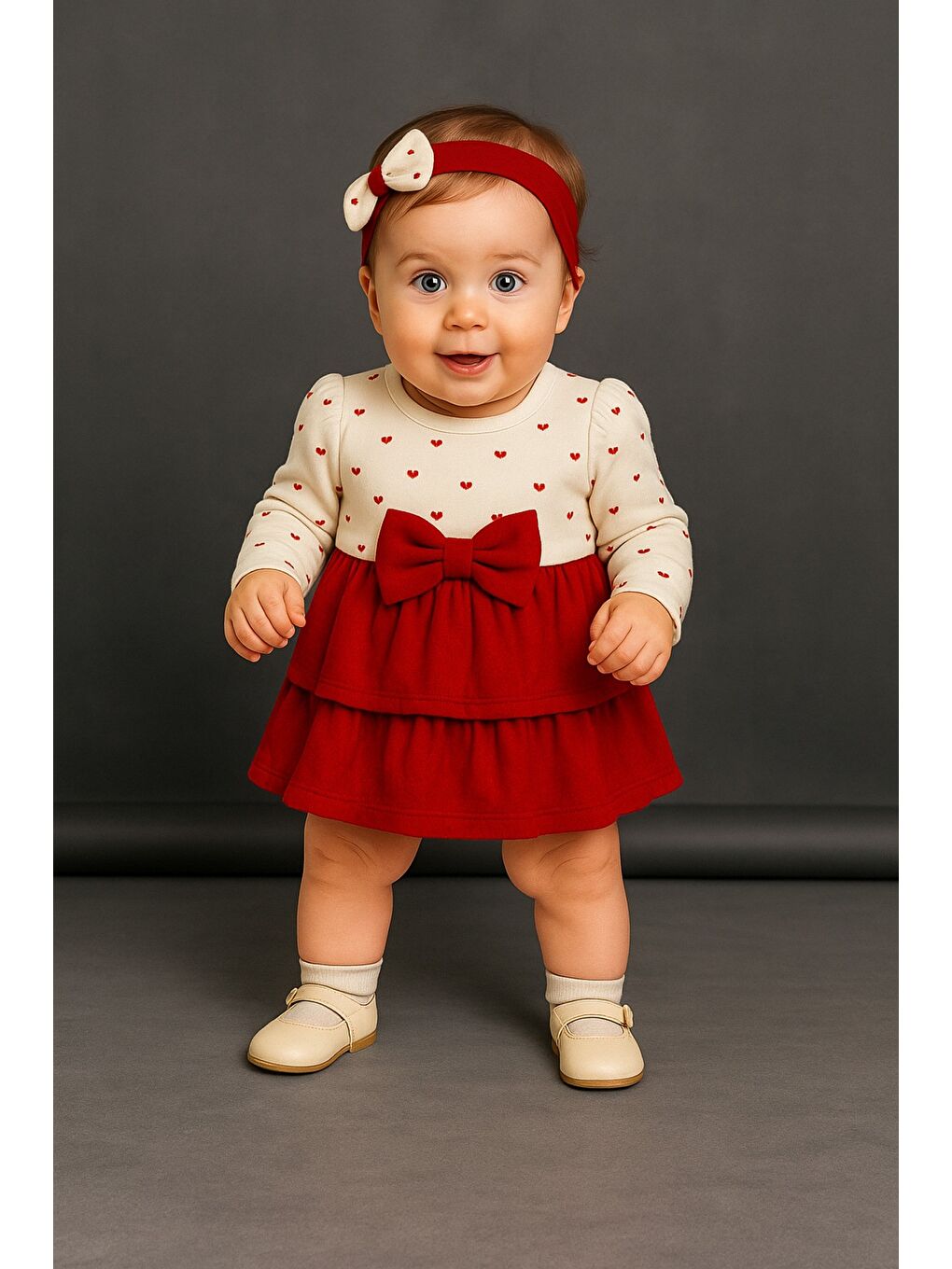 Kırmızı Kız Bebek Kalp Desenli Fiyonklu Pamuklu Elbise-2