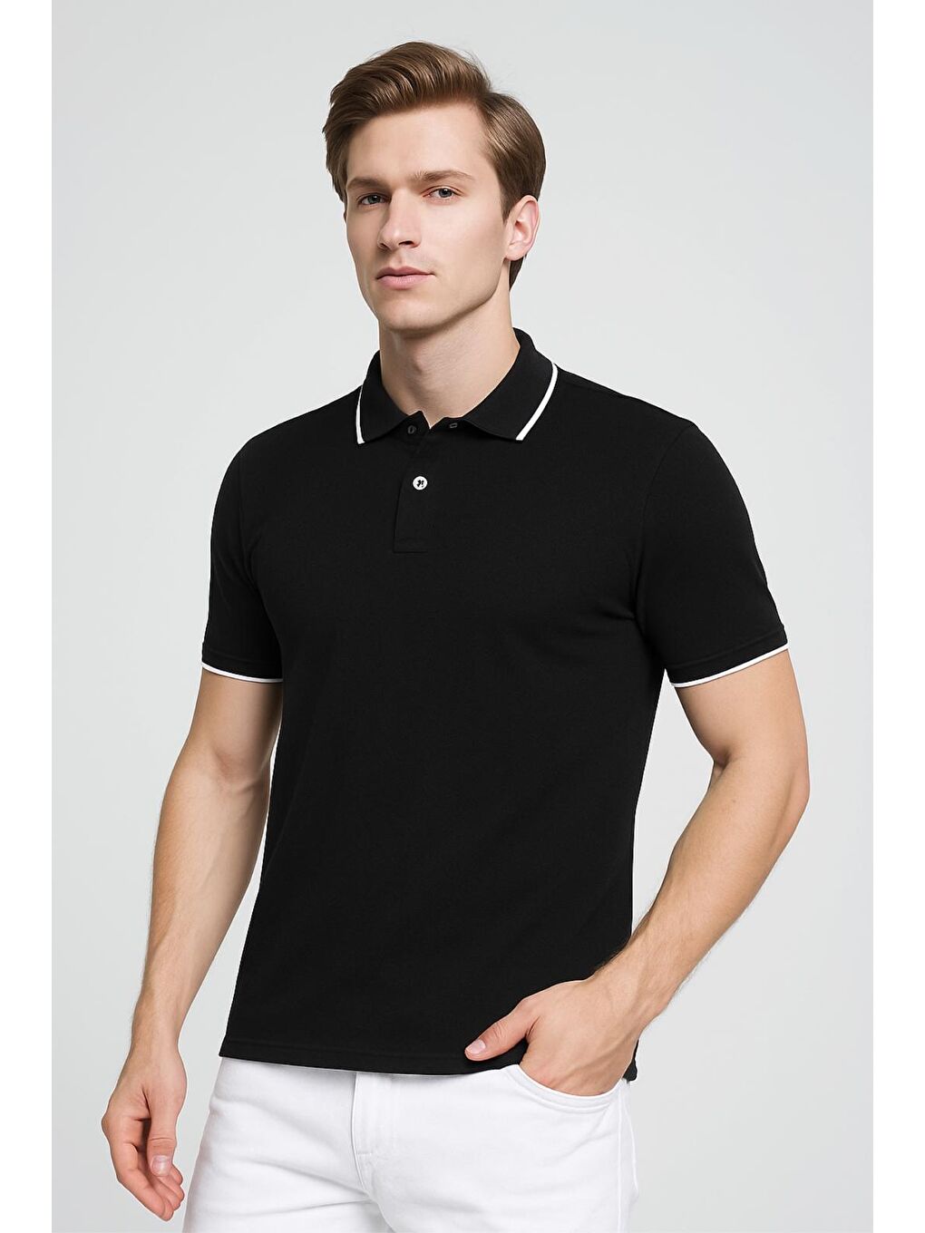 Siyah Colton Yakası Biyeli Elastanlı Slim Fit Erkek Polo Yaka Tshirt