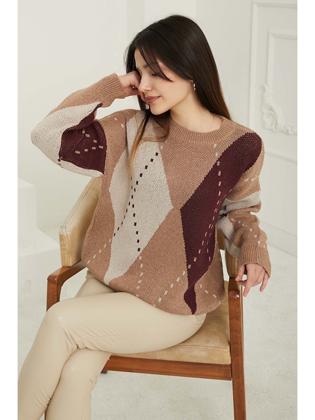 Kahverengi Kadın Bisiklet Yaka Baklava Desen Triko Kazak Sütlü Kahve - 26599