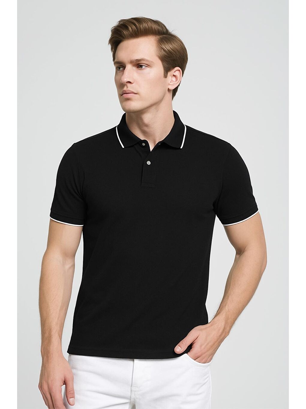 Siyah Colton Yakası Biyeli Elastanlı Slim Fit Erkek Polo Yaka Tshirt-1