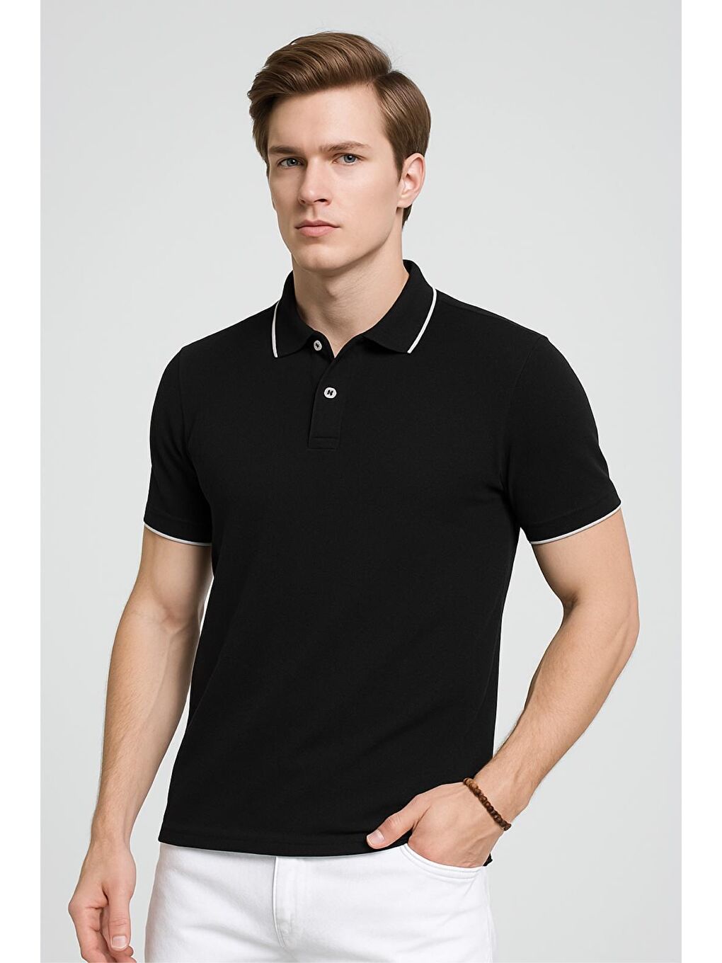 Siyah Colton Yakası Biyeli Elastanlı Slim Fit Erkek Polo Yaka Tshirt-2