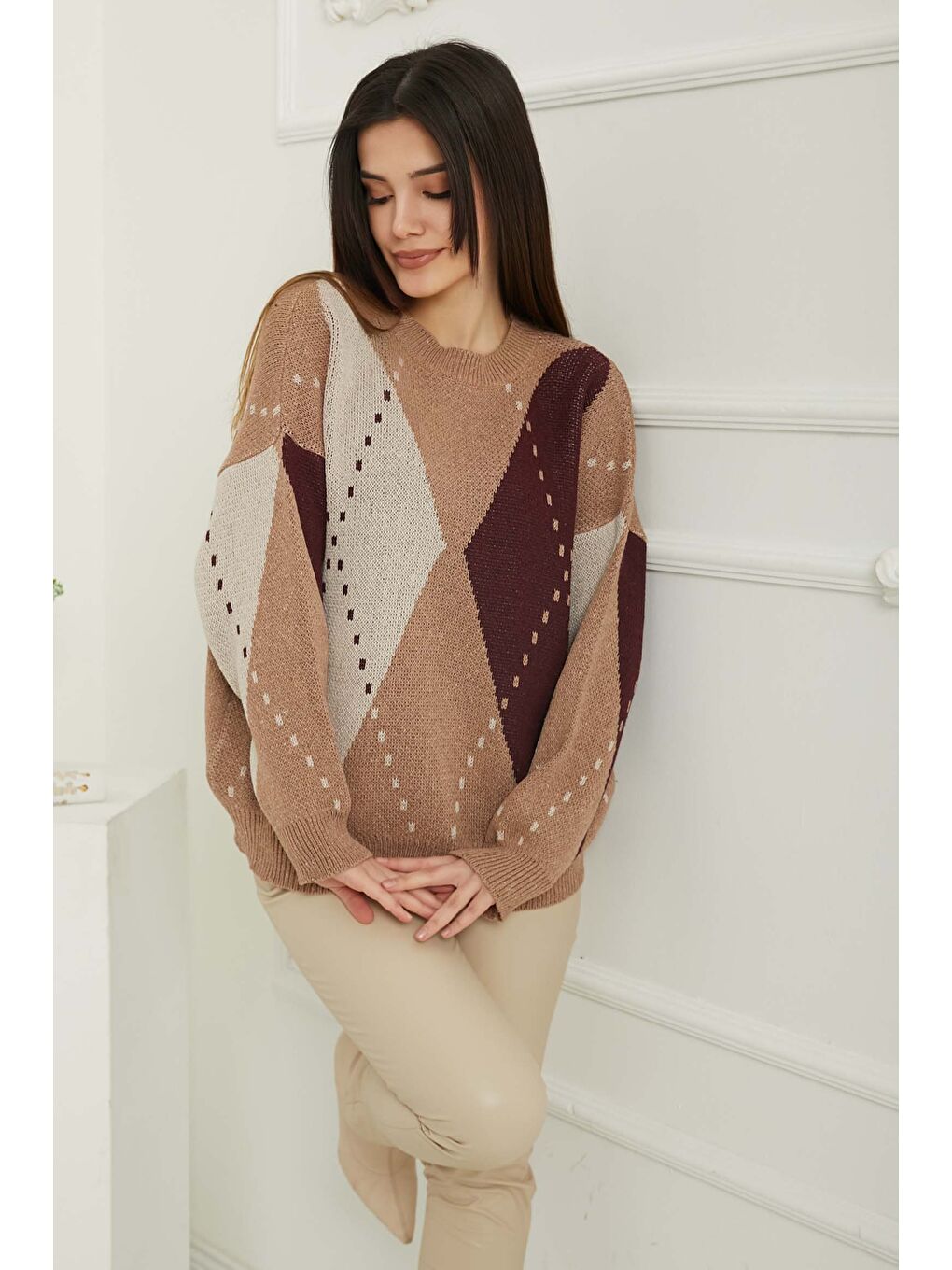 Kahverengi Kadın Bisiklet Yaka Baklava Desen Triko Kazak Sütlü Kahve - 26599-2