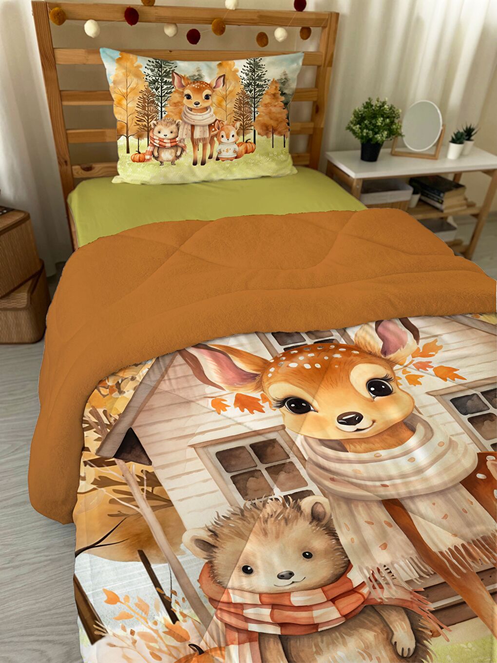 Karışık Sevimli Hayvanlar Desenli Tek Kişilik Pelüş Yorgan Uyku Seti  160x220 cm-1