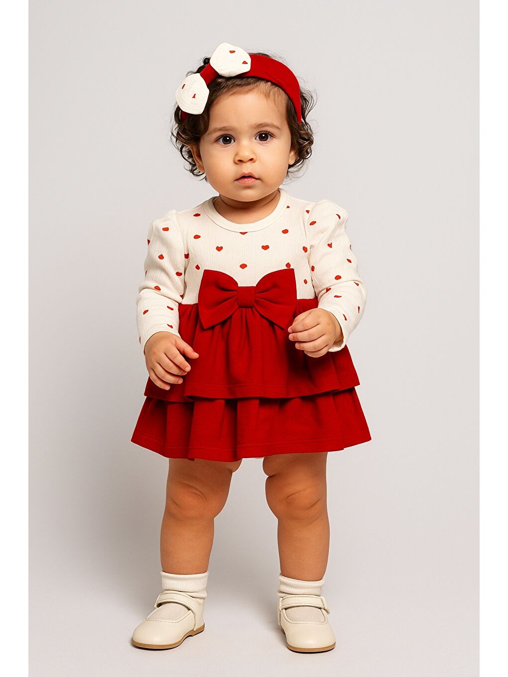 Kırmızı Kız Bebek Kalp Desenli Fiyonklu Pamuklu Elbise-3