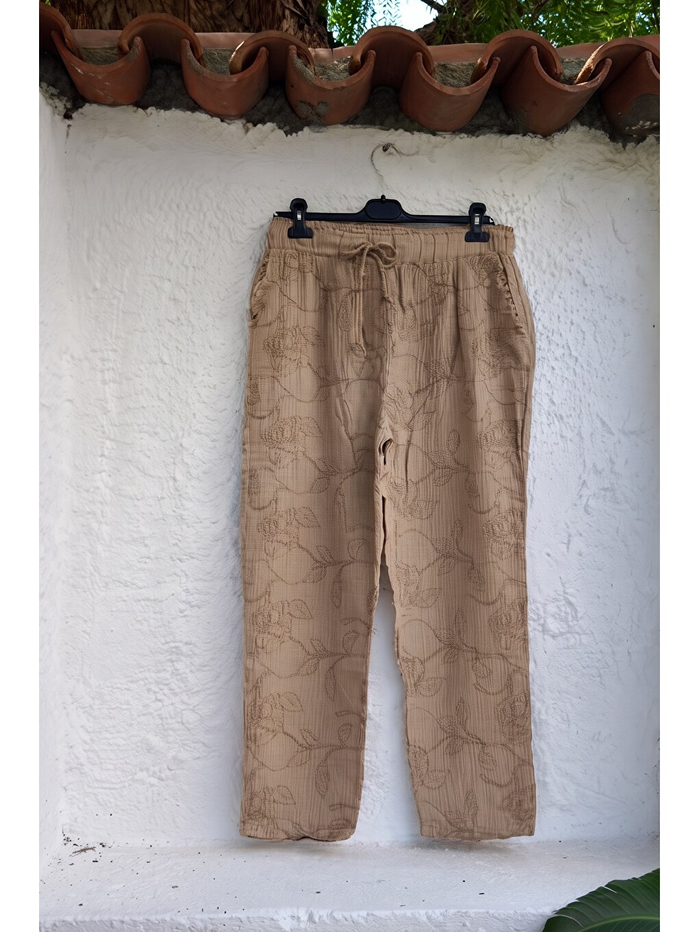 Bej Cepli Brodeli Lastikli Ve Bağlamalı Bel Düz Paça Casual Müslin Dokuma Pantolon 98 60-1