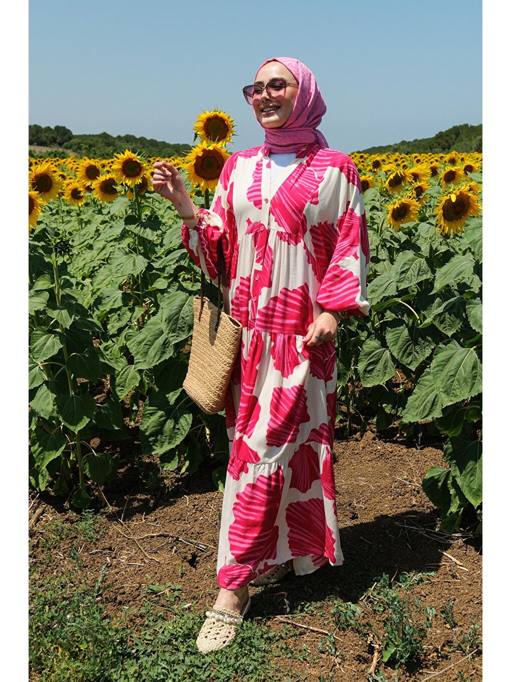 Karışık Desen Elbise Fuşya-1