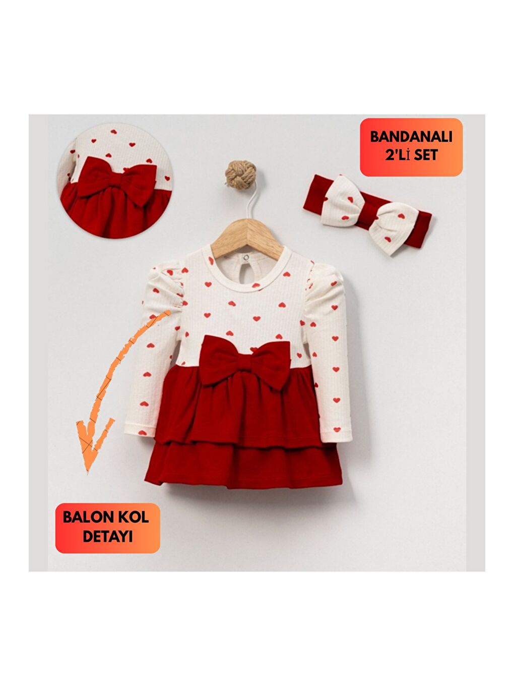 Kırmızı Kız Bebek Kalp Desenli Fiyonklu Pamuklu Elbise-4