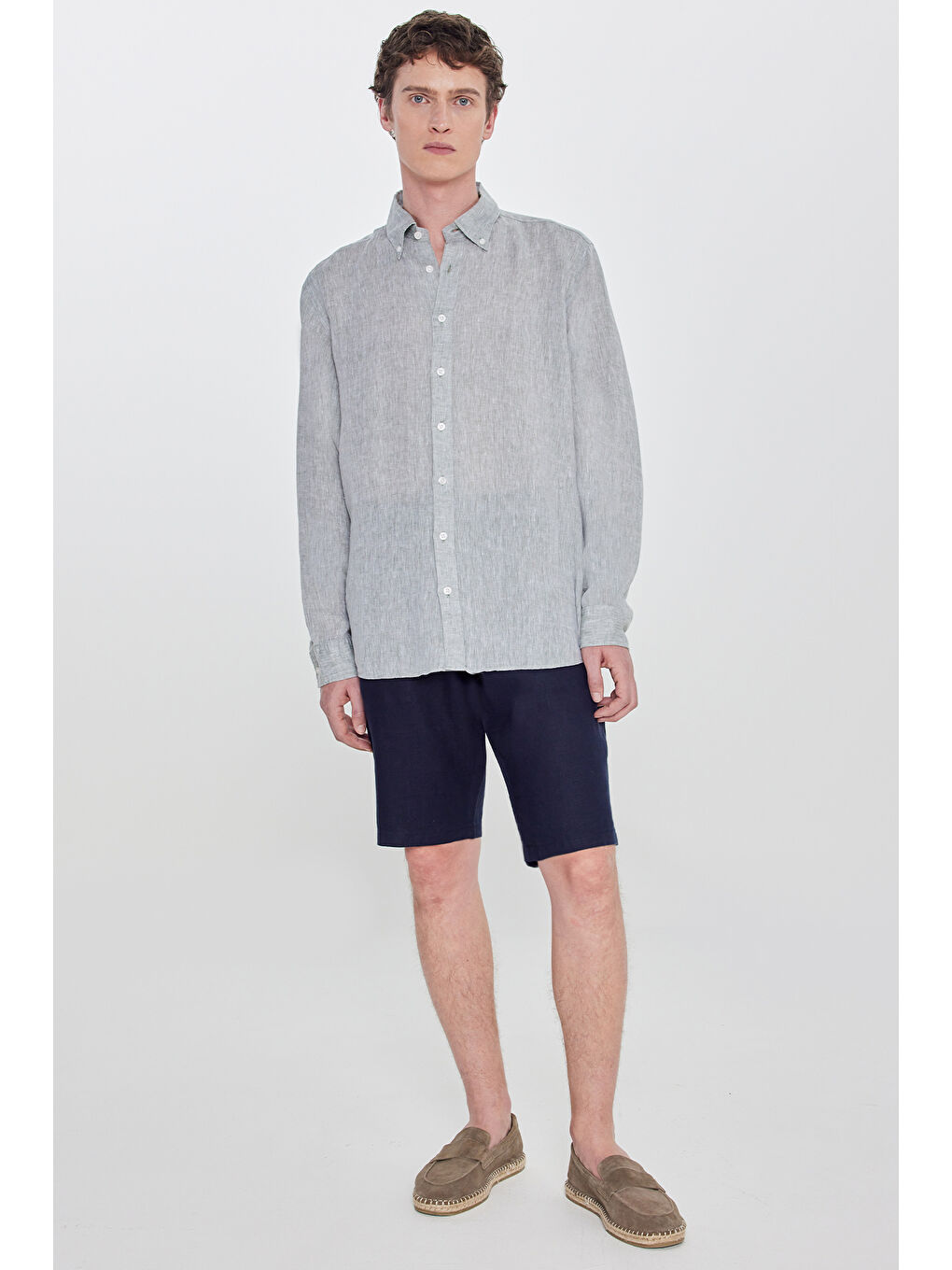 Erkek Yeşil %100 Keten Comfort Fit Rahat Kesim Düğmeli Yaka Gömlek-1