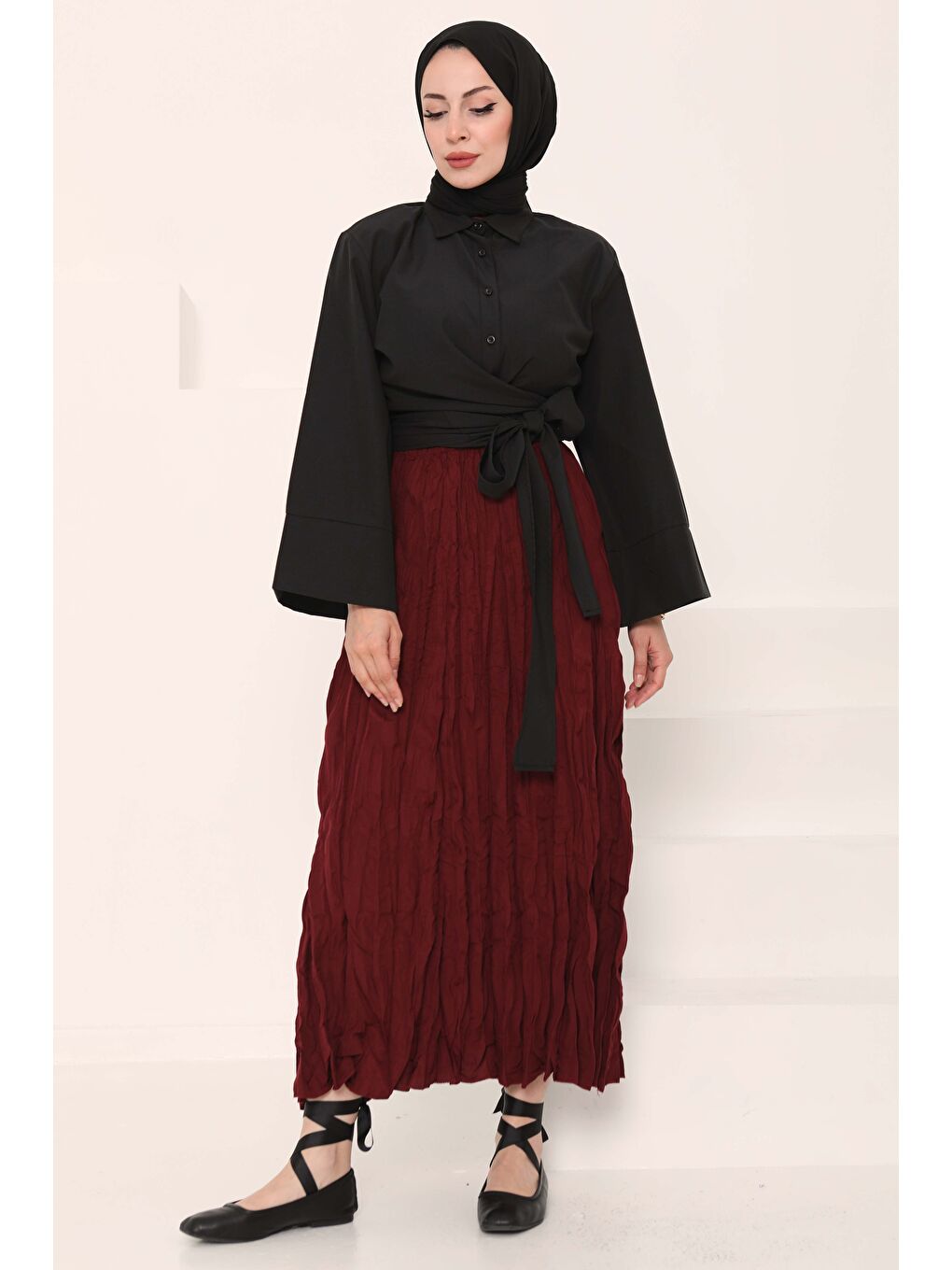 Beli Lastikli Kırışık Etek Bordo - 27013