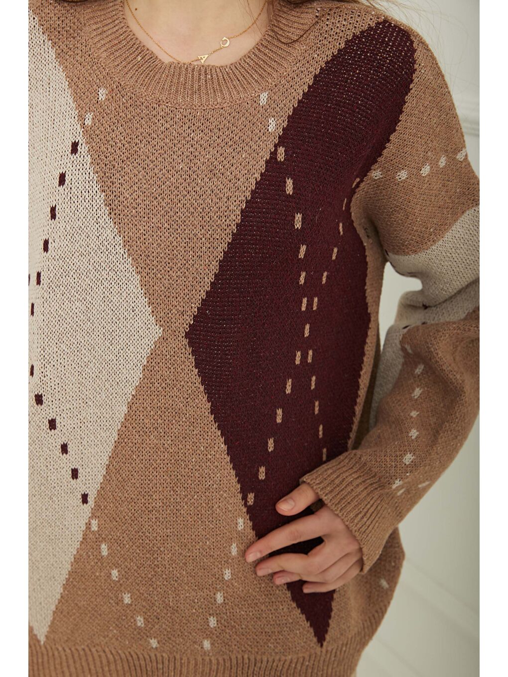 Kahverengi Kadın Bisiklet Yaka Baklava Desen Triko Kazak Sütlü Kahve - 26599-4