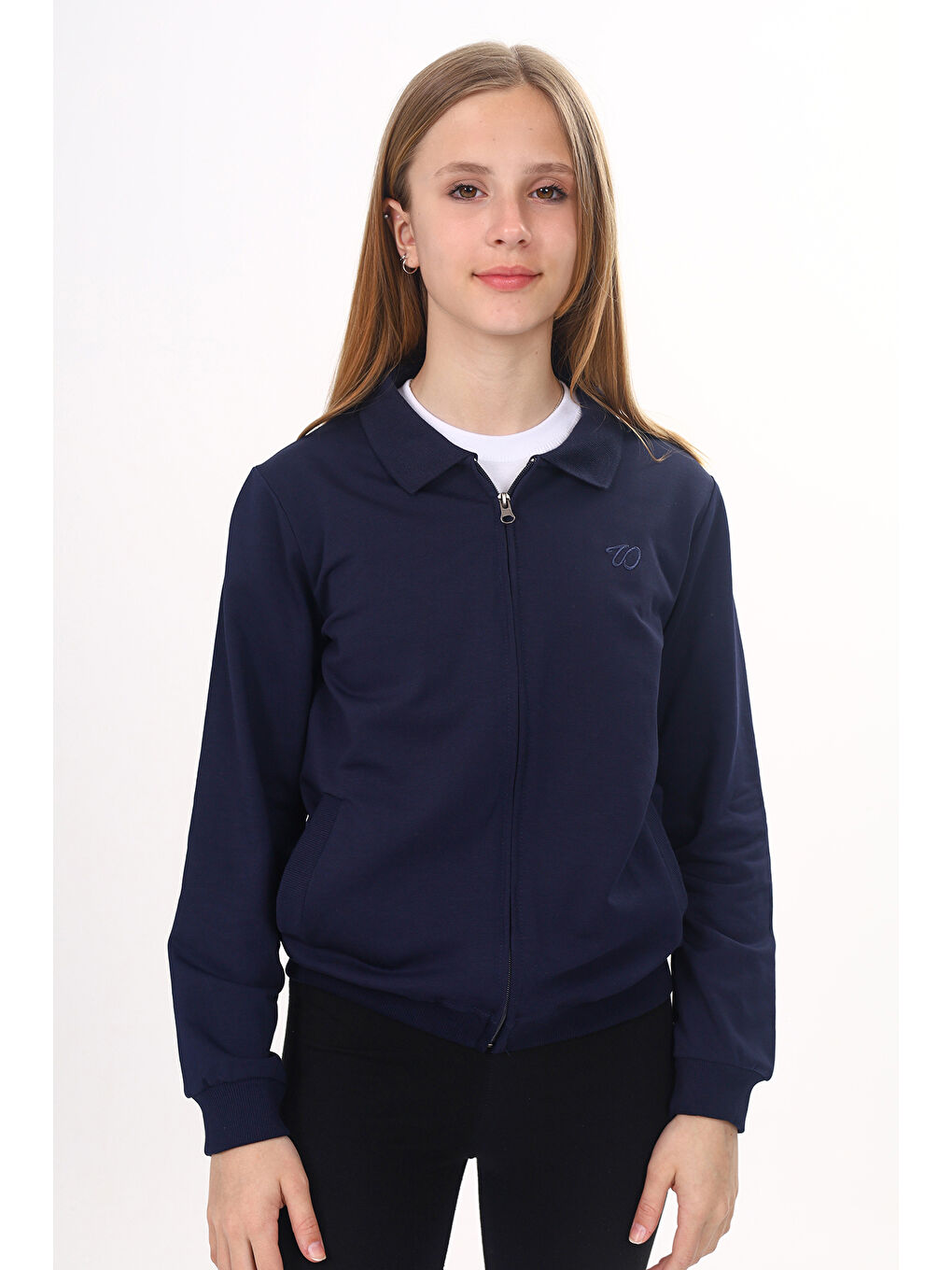 Lacivert Kız Çocuk Okul Nakışlı Hırka