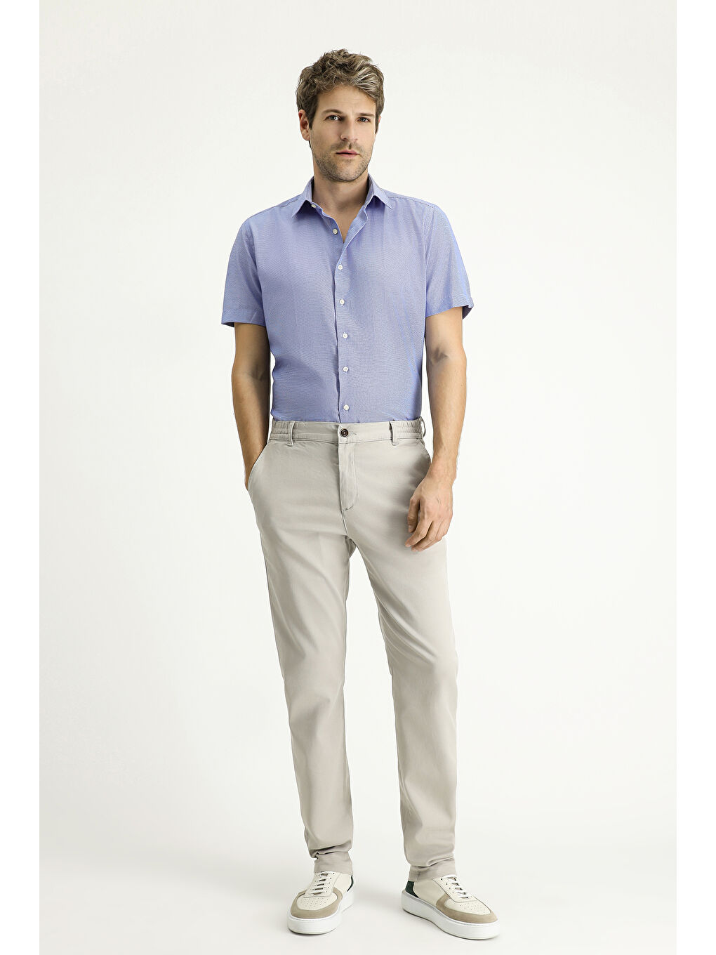 Mavi Kısa Kol Slim Fit Dar Kesim Desenli Pamuklu Kolay Ütülenebilir Büyük Beden Gömlek-1