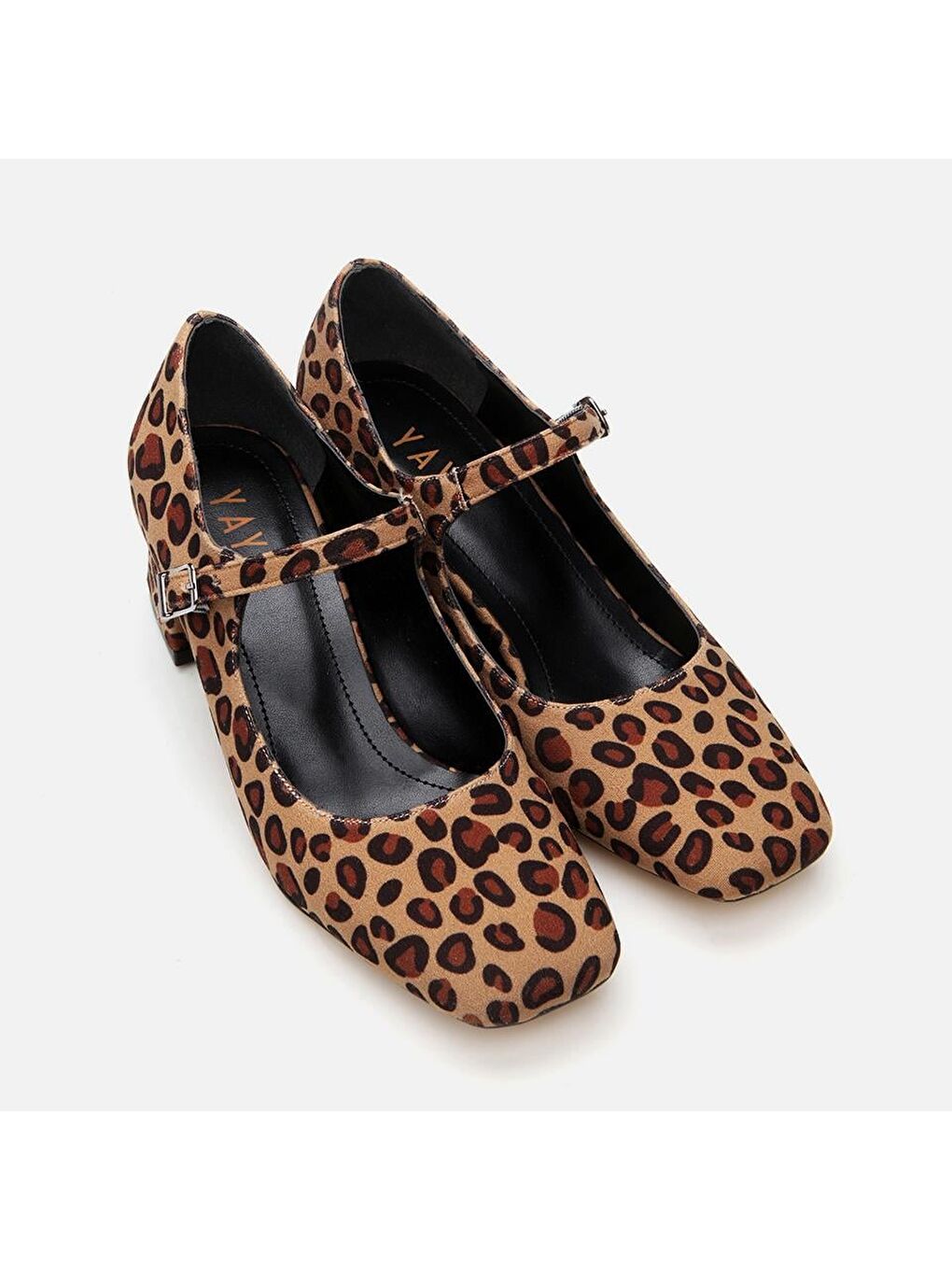 Bej Leopar Desenli Kadın Kalın Topuklu Ayakkabı-1