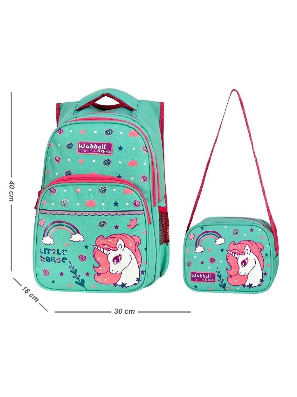 3 Bölmeli İlkokul Çantası ve Beslenme Çantası Little Horse Yeşil  3003-1